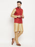 Vastramay Men's Maroon Matka Silk Nehru Jacket With Rose Gold Silk Blend Kurta and Pant style Pyjama Set
